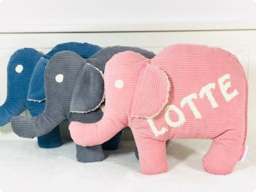 Cordkissen Elefant mit Namen, Buchstaben Plüschstoff, Wunschfarbe